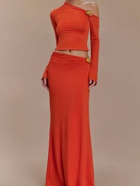 Meshki One-Shoulder Orange Maxi Skirt Set with Gold Brooch Accents